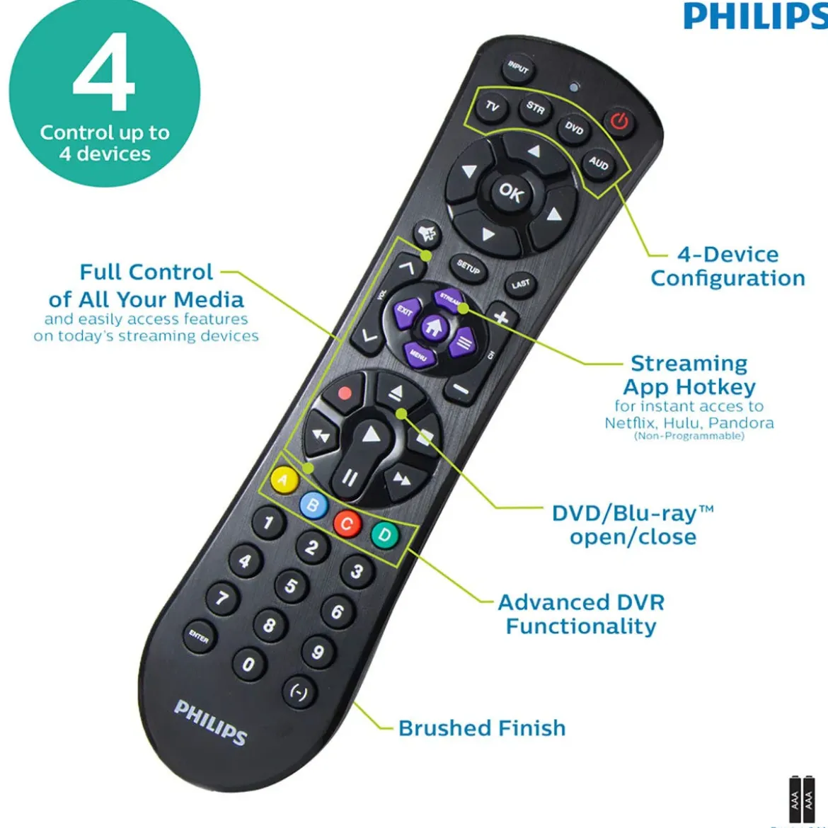 Philips 4-Device Universal Remote, Black