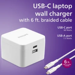 Philips Dual Port USB-C Laptop Wall Charger, White