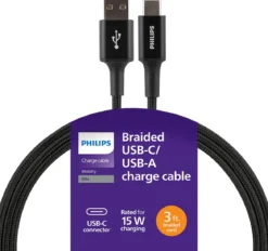 Philips Elite USB-A to USB-C Cable, 3ft, Braided Cord, Black