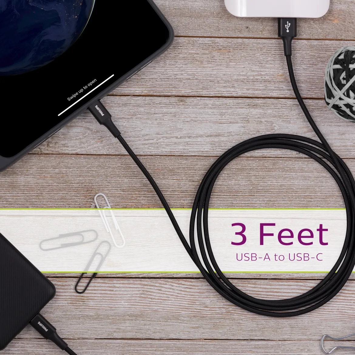 Philips Elite USB-A to USB-C Cable, 3ft, Braided Cord, Black