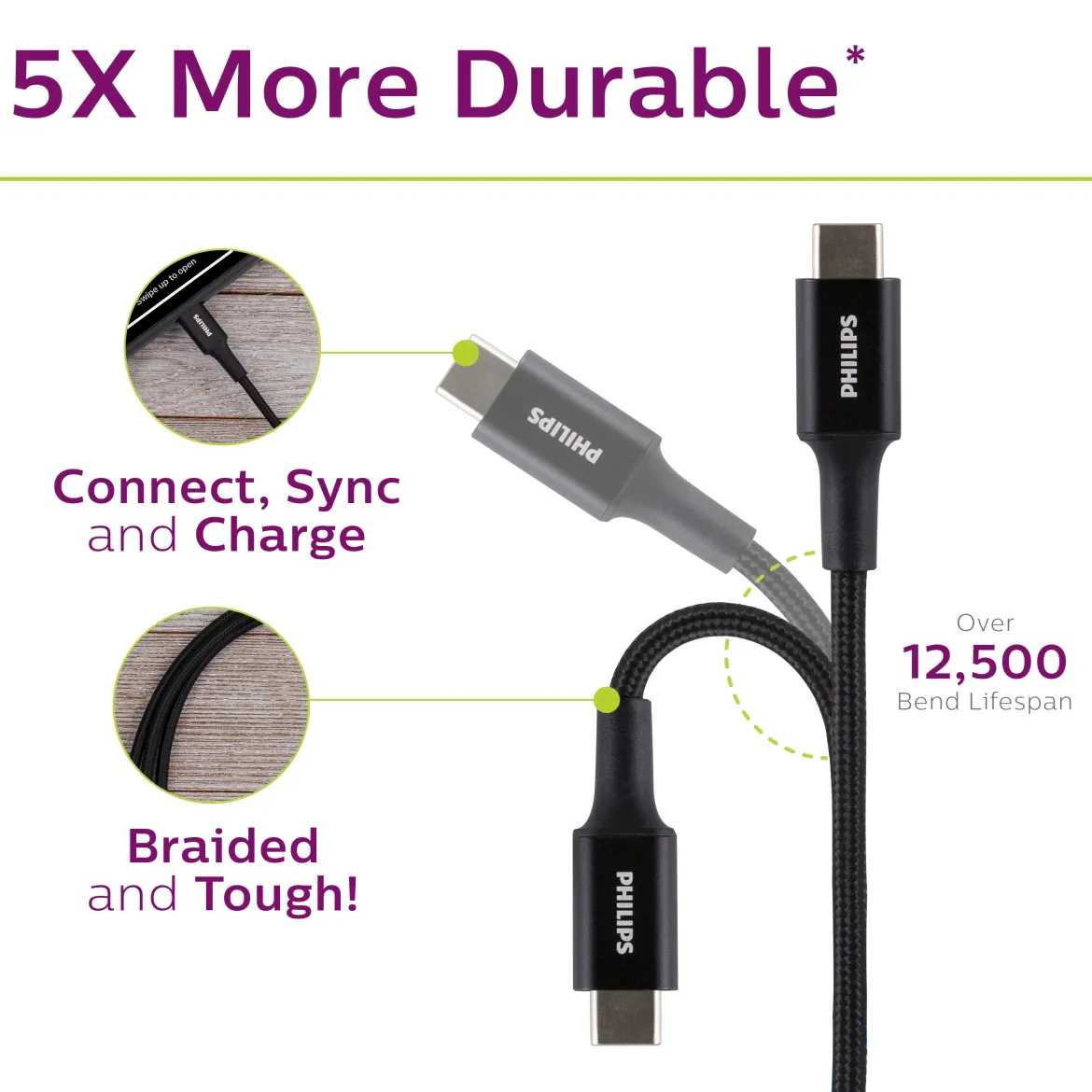 Philips Elite USB-A to USB-C Cable, 3ft, Braided Cord, Black