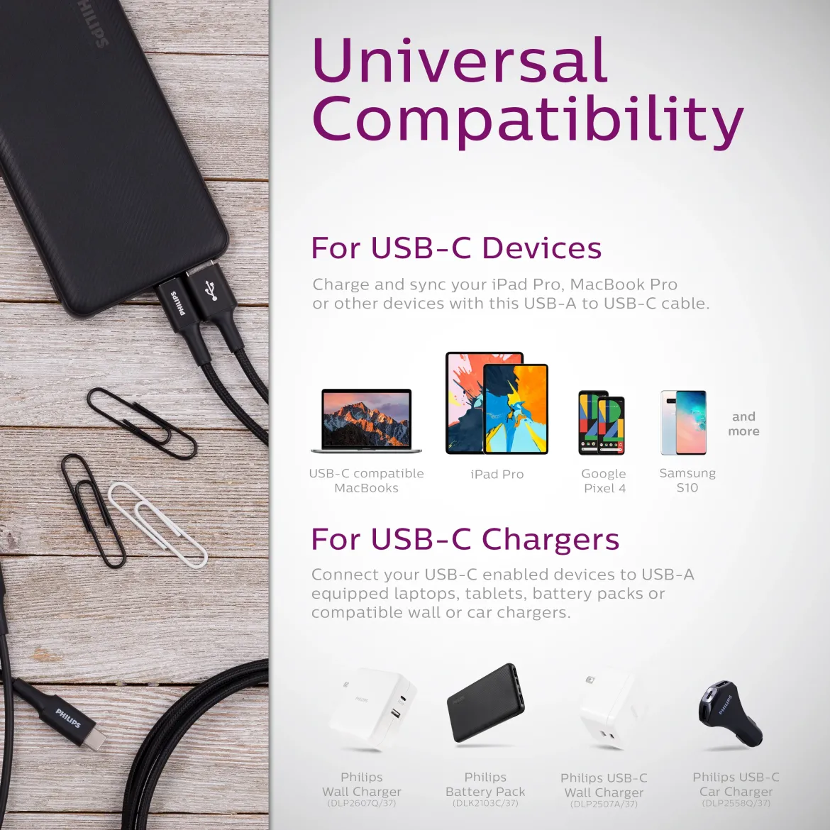 Philips Elite USB-A to USB-C Cable, 3ft, Braided Cord, Black