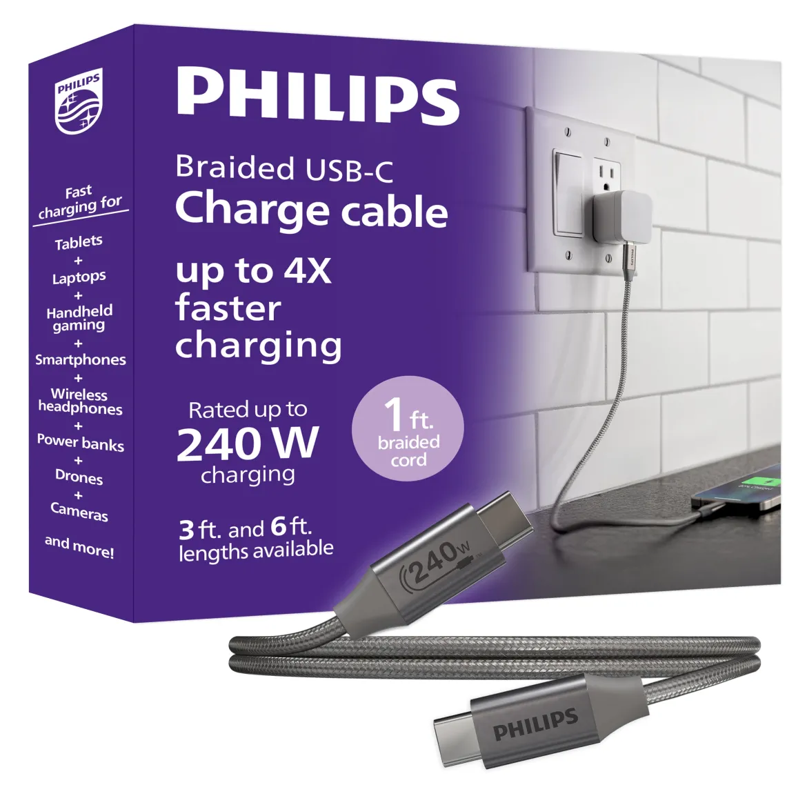 Philips Elite USB-C to USB-C Cable, 1ft, Braided Cord, Black/Gray Heather