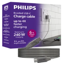 Philips Elite USB-C to USB-C Cable, 6ft, Braided Cord, Black/Gray Heather