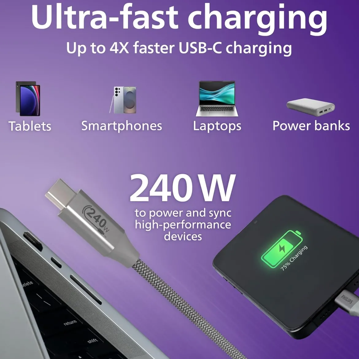 Philips Elite USB-C to USB-C Cable, 6ft, Braided Cord, Black/Gray Heather