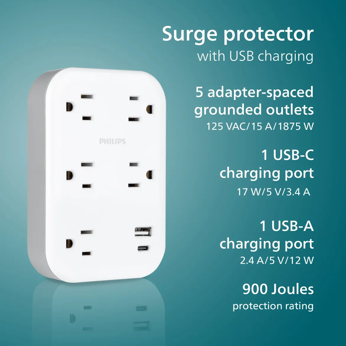 Philips EZFit 5-Outlet Extender Wall Tap with Surge Protection, Grounded Adapter, Charging Station, 3 Prong, 1 USB-A, 1 USB-C, 900J, White,