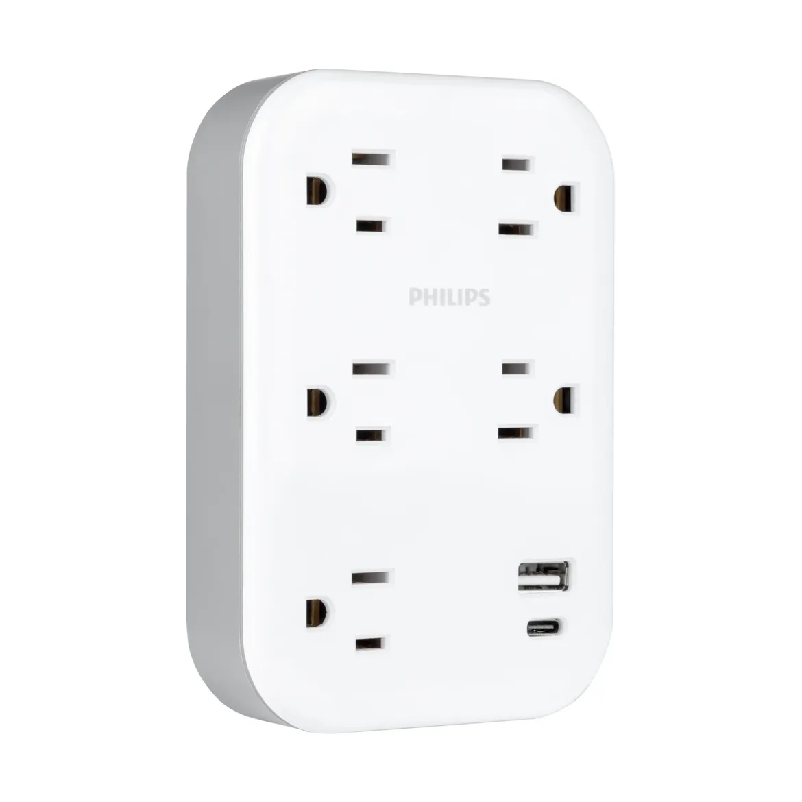 Philips EZFit 5-Outlet Extender Wall Tap with Surge Protection, Grounded Adapter, Charging Station, 3 Prong, 1 USB-A, 1 USB-C, 900J, White,