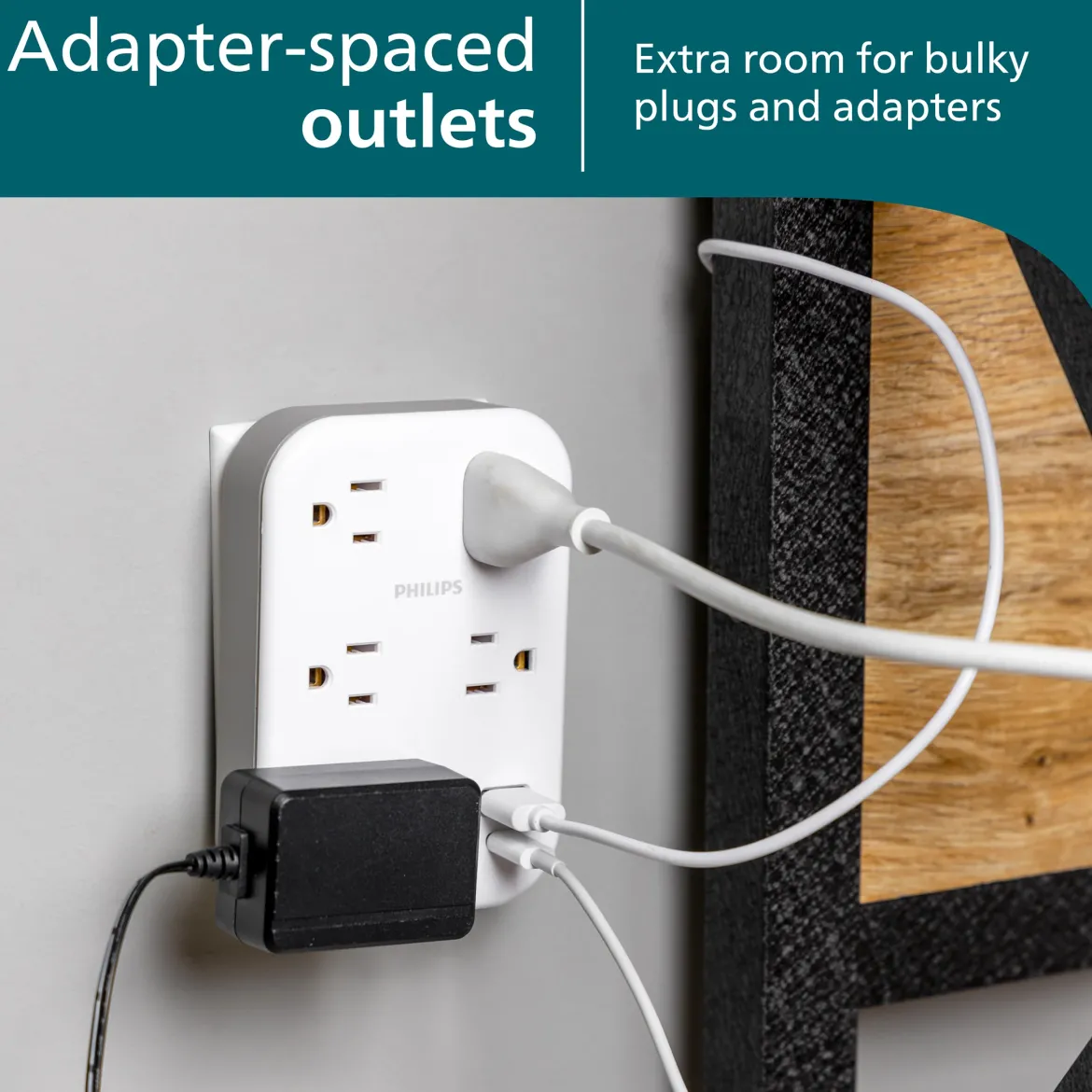 Philips EZFit 5-Outlet Extender Wall Tap with Surge Protection, Grounded Adapter, Charging Station, 3 Prong, 1 USB-A, 1 USB-C, 900J, White,