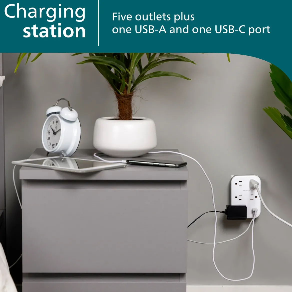 Philips EZFit 5-Outlet Extender Wall Tap with Surge Protection, Grounded Adapter, Charging Station, 3 Prong, 1 USB-A, 1 USB-C, 900J, White,