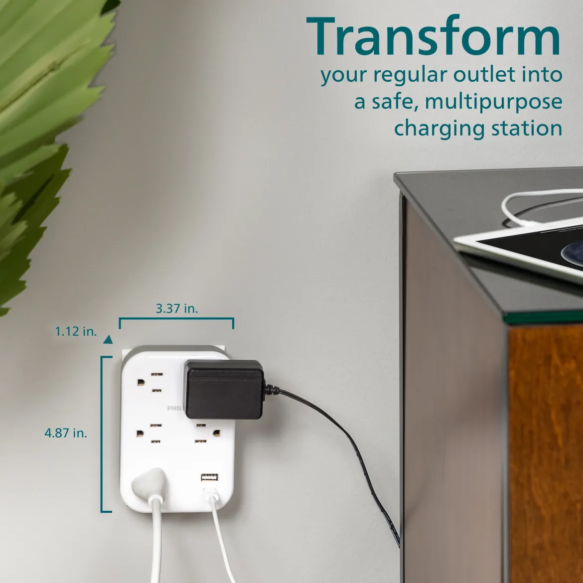 Philips EZFit 5-Outlet Extender Wall Tap with Surge Protection, Grounded Adapter, Charging Station, 3 Prong, 1 USB-A, 1 USB-C, 900J, White,
