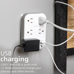 Philips EZFit 5-Outlet Extender Wall Tap with Surge Protection, Grounded Adapter, Charging Station, 3 Prong, 1 USB-A, 1 USB-C, 900J, White,