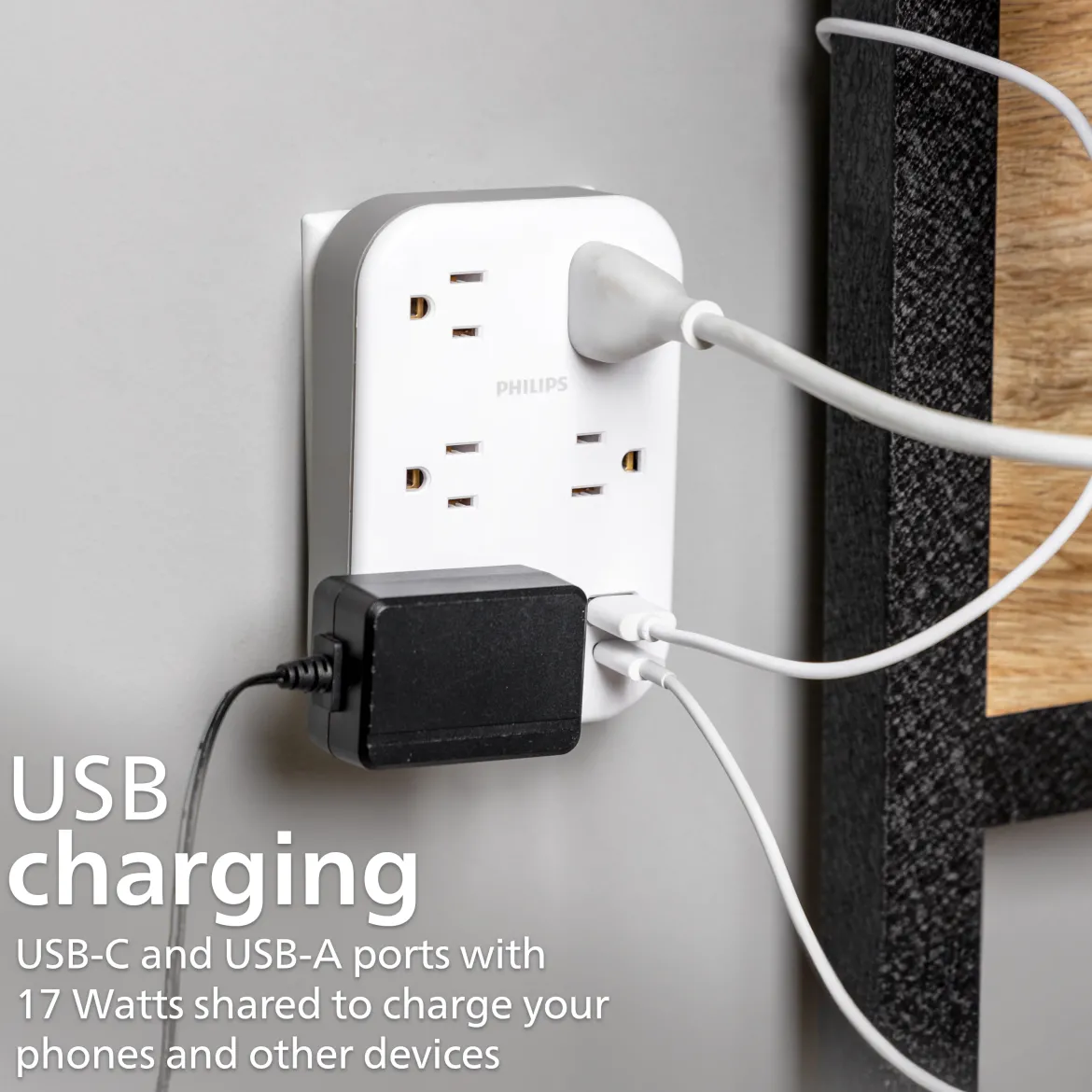 Philips EZFit 5-Outlet Extender Wall Tap with Surge Protection, Grounded Adapter, Charging Station, 3 Prong, 1 USB-A, 1 USB-C, 900J, White,