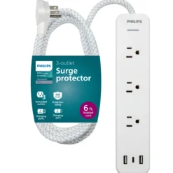 Philips EZFit 3-Outlet Surge Protector with 2A/1C, 490J, Adapter-Spaced, 6ft Braided Cord, White