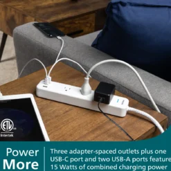 Philips EZFit 3-Outlet Surge Protector with 2A/1C, 490J, Adapter-Spaced, 6ft Braided Cord, White