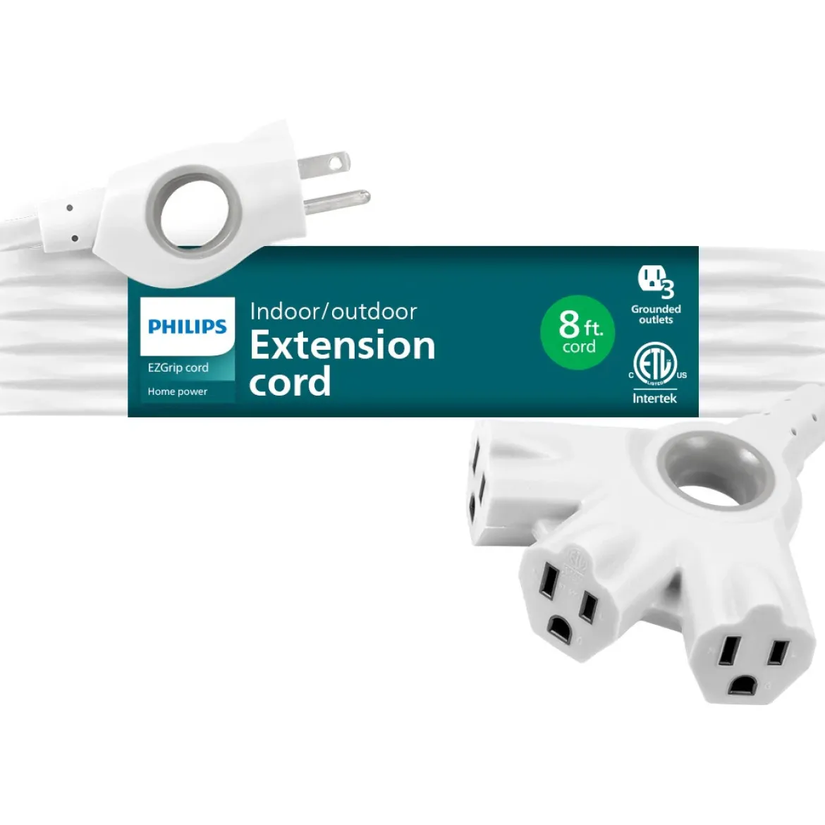 Philips EZGrip 3-Outlet 8ft. Indoor/Outdoor Extension Cord, White