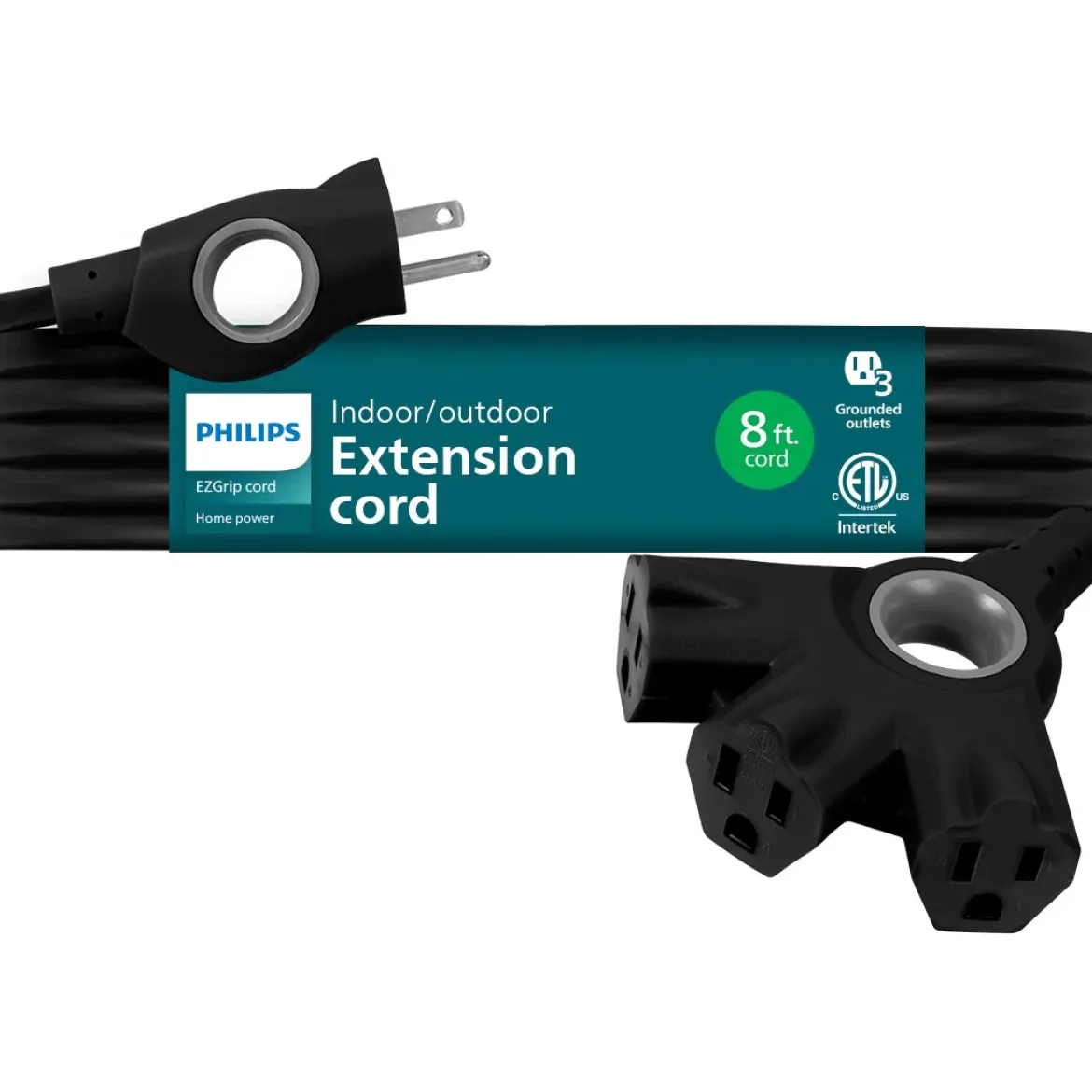 Philips EZGrip™ 3-Outlet 8ft. Indoor/Outdoor Extension Cord, Black