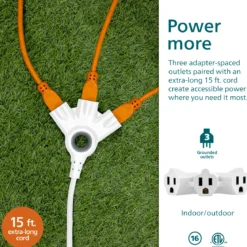 Philips EZGrip 3-Outlet Grounded Extension Cord, Indoor/Outdoor, 16 Gauge, 15ft., White