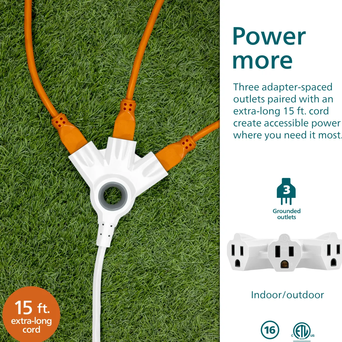 Philips EZGrip 3-Outlet Grounded Extension Cord, Indoor/Outdoor, 16 Gauge, 15ft., White