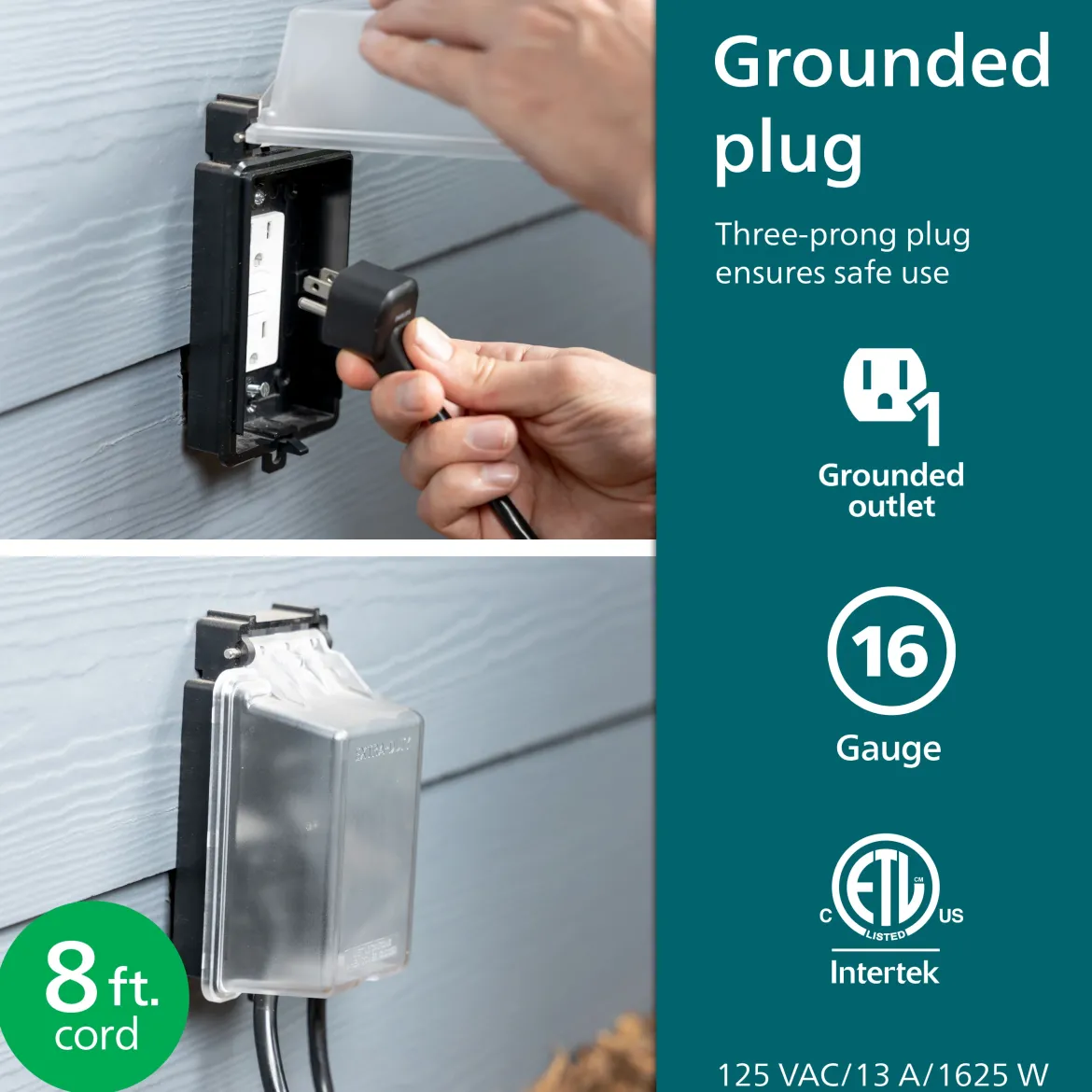 Philips EZGrip 1-Outlet Outdoor Extension Cord, 8 Ft, Black
