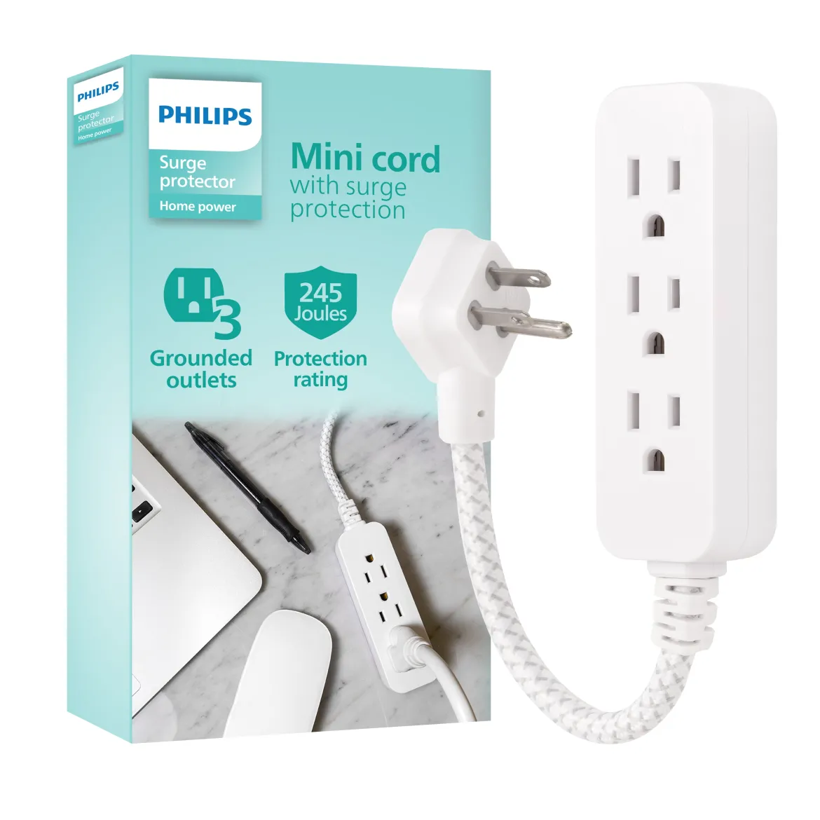 Philips 1 Ft Indoor Extension Cord with Surge Protection, 3-Outlet, Flat Plug, White