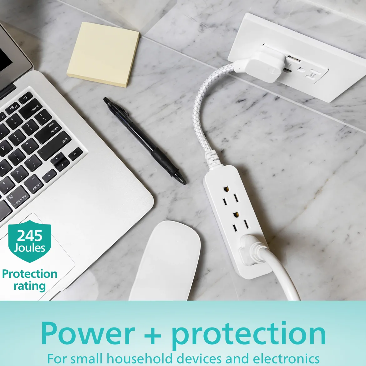 Philips 1 Ft Indoor Extension Cord with Surge Protection, 3-Outlet, Flat Plug, White