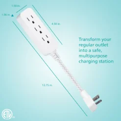 Philips 1 Ft Indoor Extension Cord with Surge Protection, 3-Outlet, Flat Plug, White
