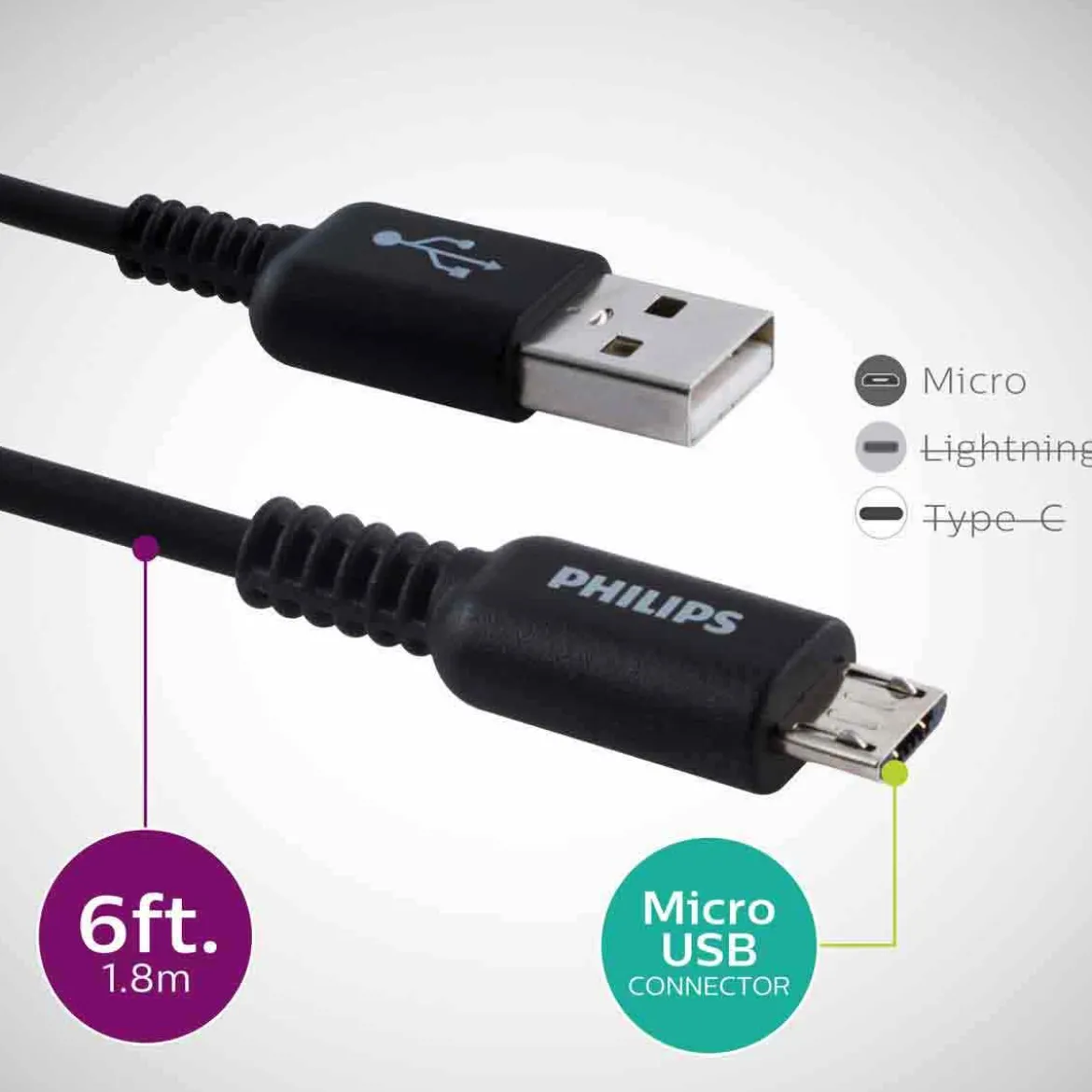 Philips 6ft. Micro USB Charging Cable, Black