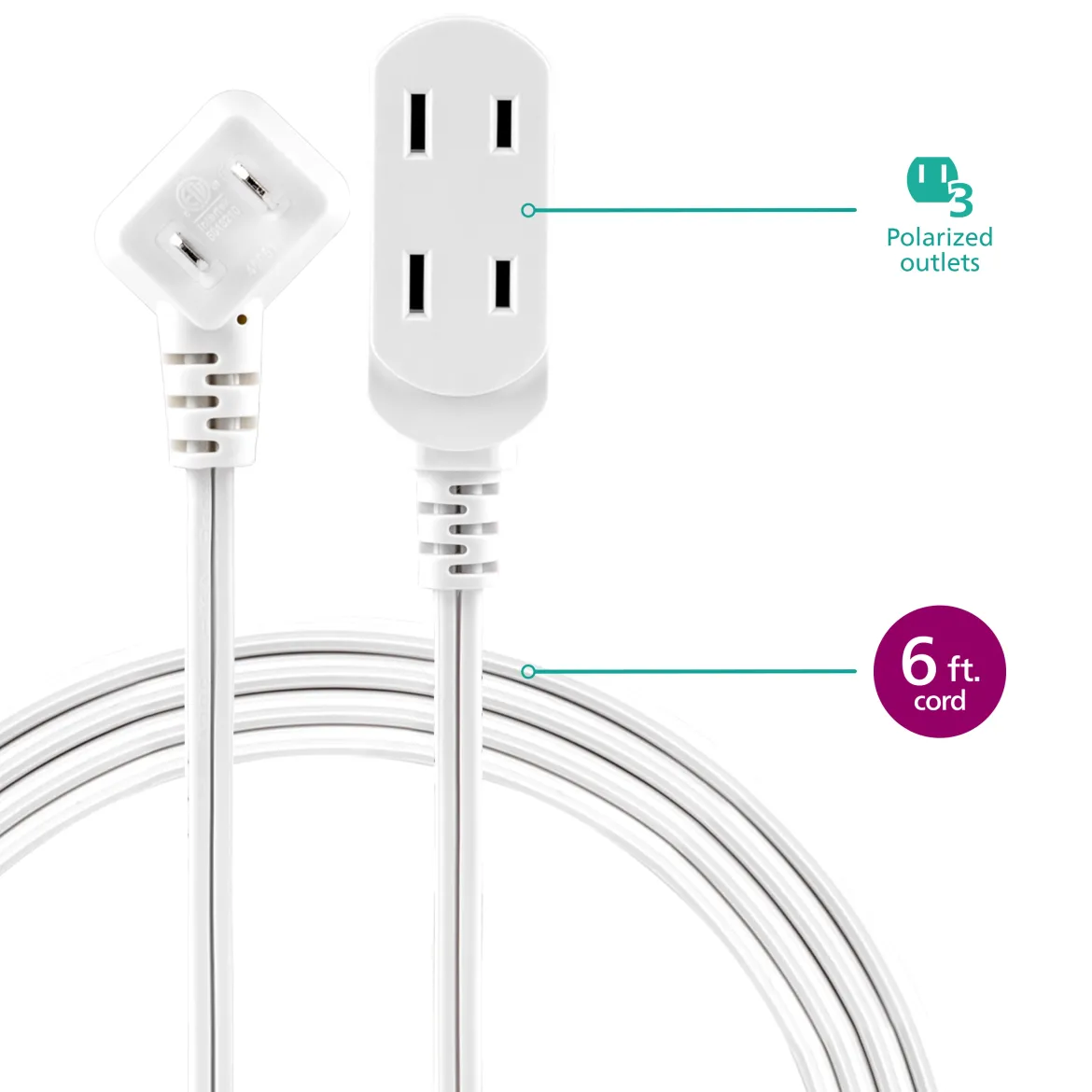 Philips 6 ft. 3-Outlet Polarized Indoor Extension Cord, White, Slide-to-close cover