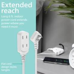 Philips 6 ft. 3-Outlet Polarized Indoor Extension Cord, White, Slide-to-close cover