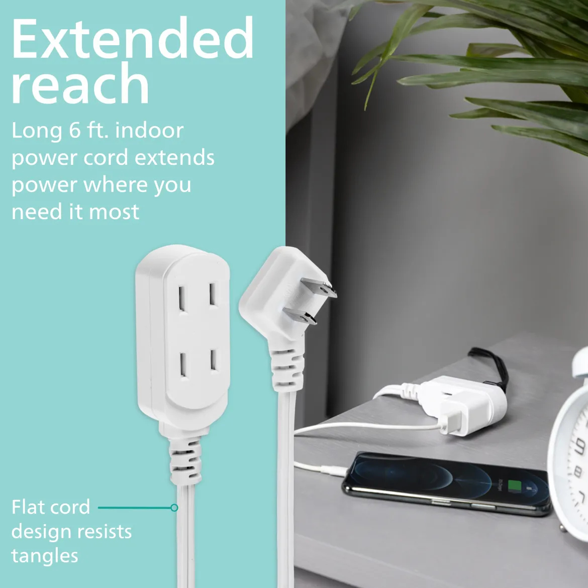 Philips 6 ft. 3-Outlet Polarized Indoor Extension Cord, White, Slide-to-close cover