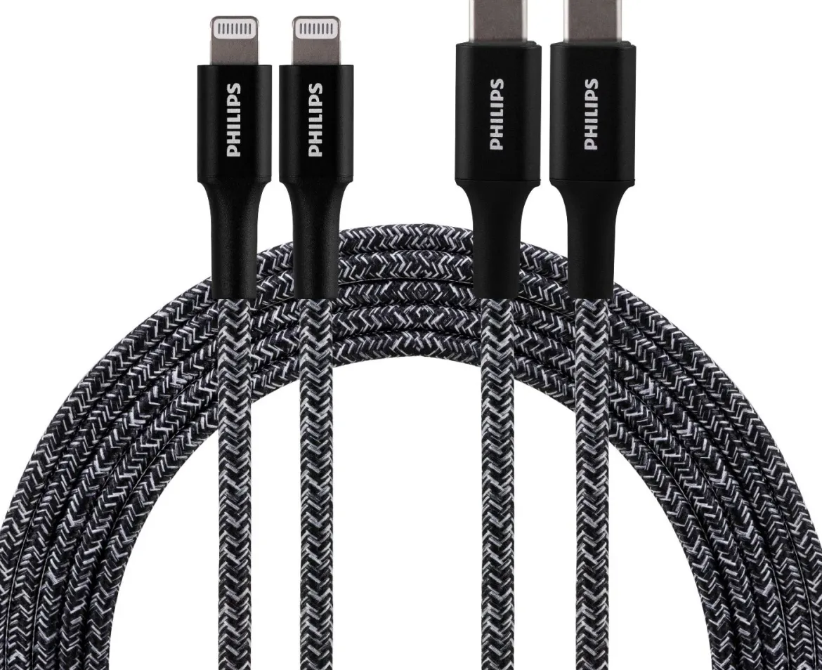 Philips 6ft. USB-C to Lightning Charging Cable with Braided Cord, 2 Pack, Black