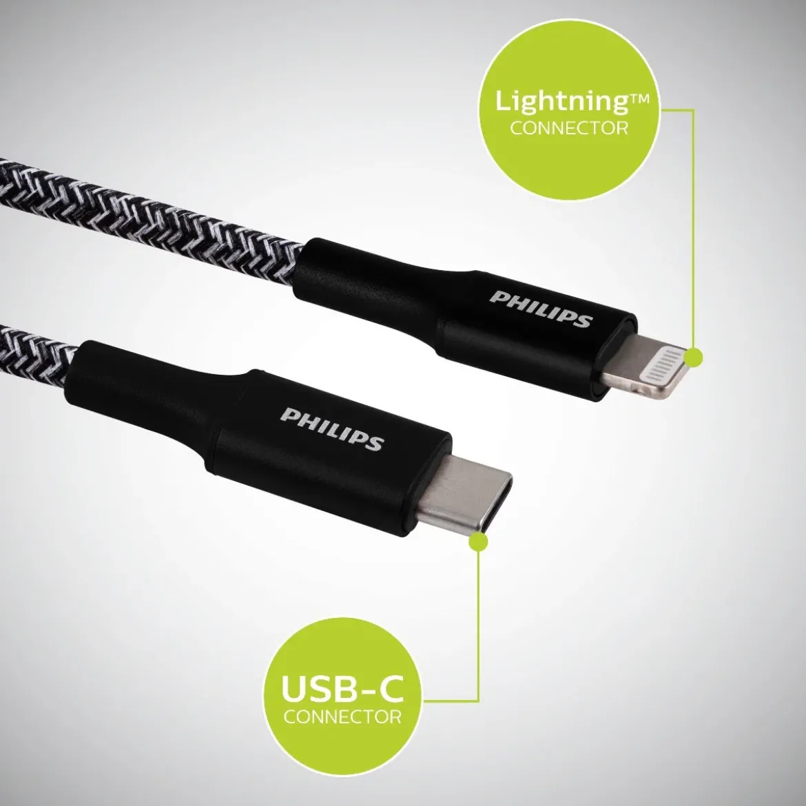 Philips 6ft. USB-C to Lightning Charging Cable with Braided Cord, 2 Pack, Black