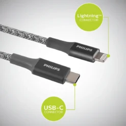Philips 3ft. USB-C to Lightning Charging Cable with Braided Cord, 2 Pack, Gray