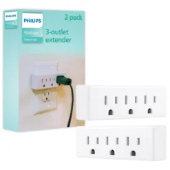 Philips Grounded 3-Outlet Tap, White, 2pk