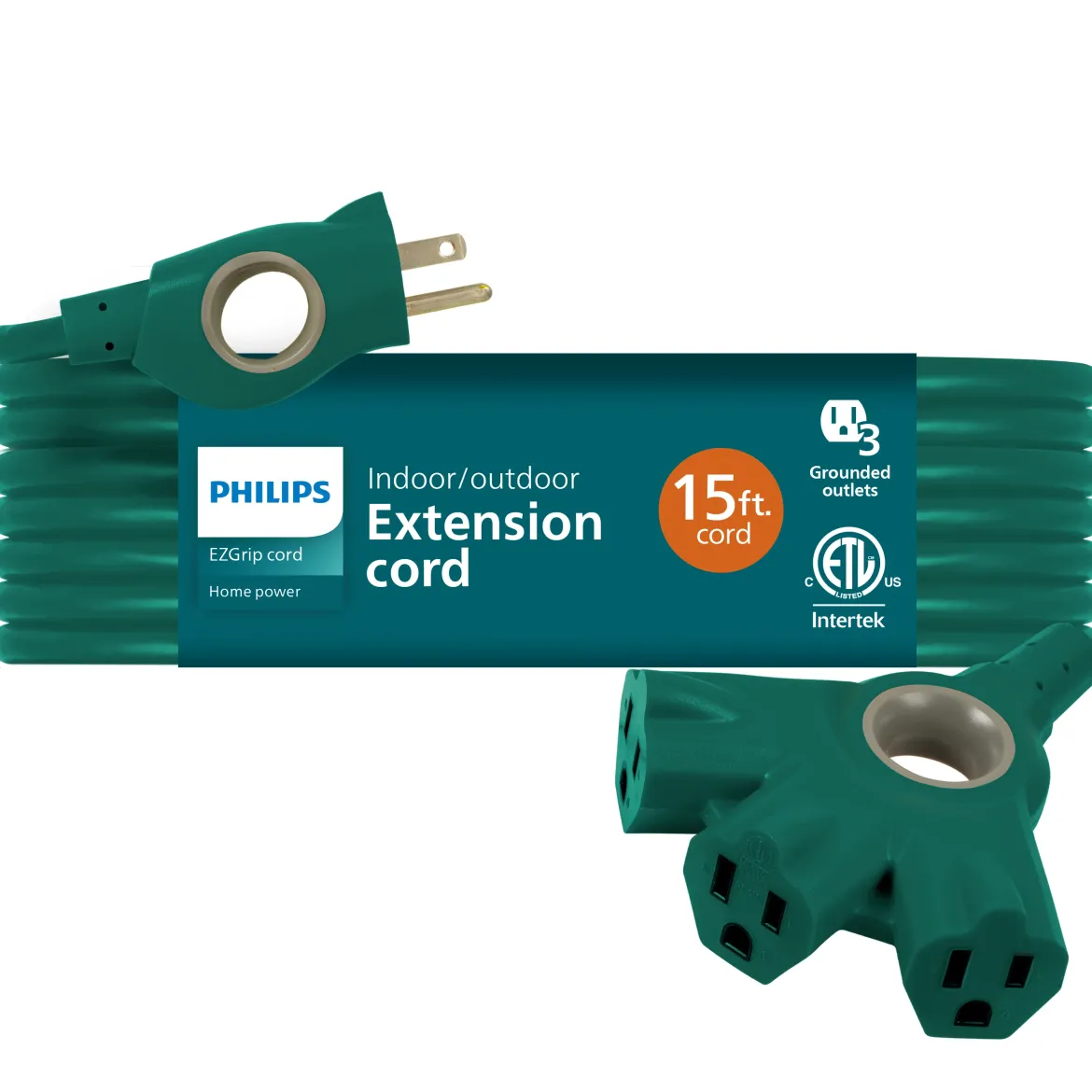 Philips 3-Outlet EZGrip Grounded Extension Cord, 15ft., Indoor/Outdoor, Green