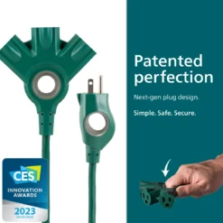 Philips 3-Outlet EZGrip Grounded Extension Cord, 15ft., Indoor/Outdoor, Green