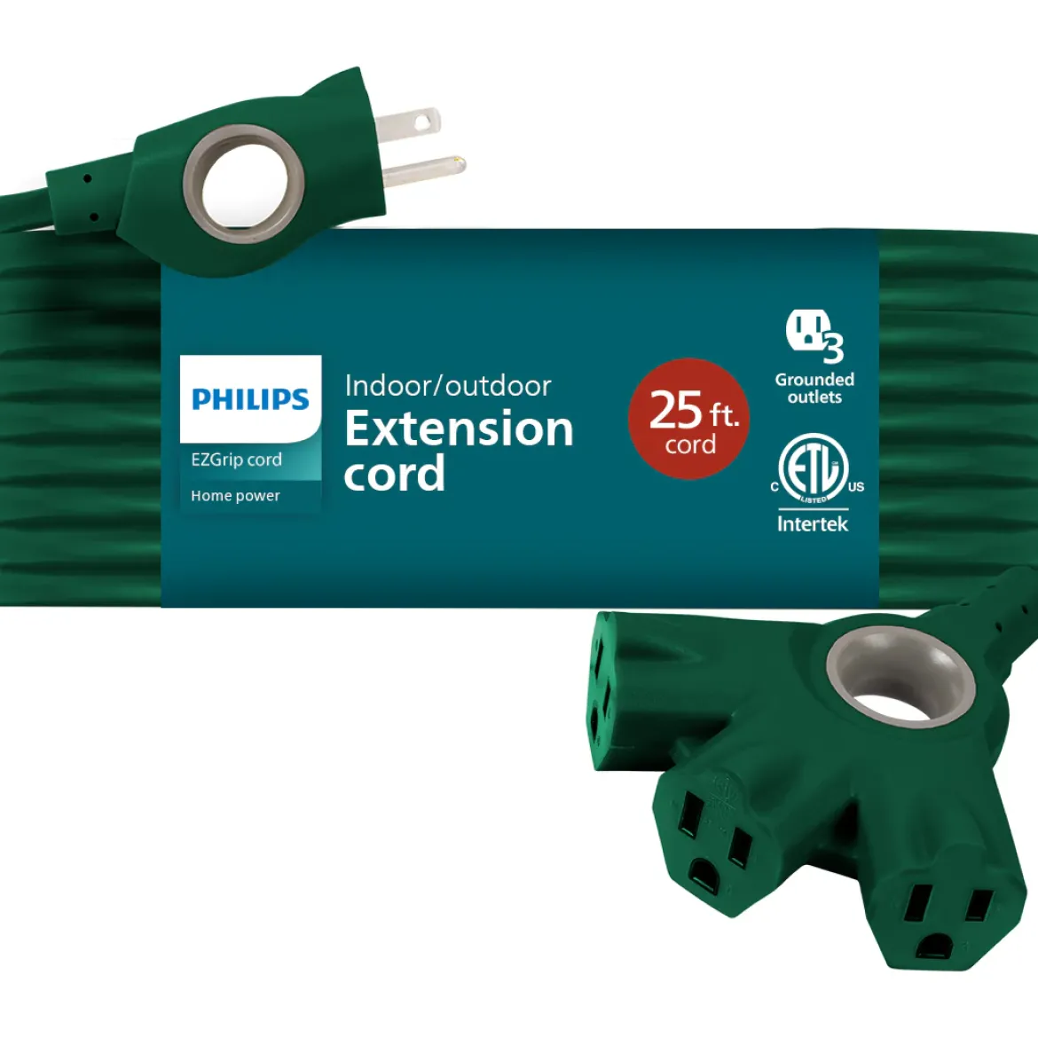 Philips 3-Outlet EZGrip Grounded Extension Cord, 25 ft., Indoor/Outdoor, Green