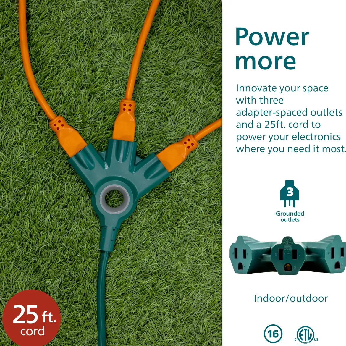 Philips 3-Outlet EZGrip Grounded Extension Cord, 25 ft., Indoor/Outdoor, Green