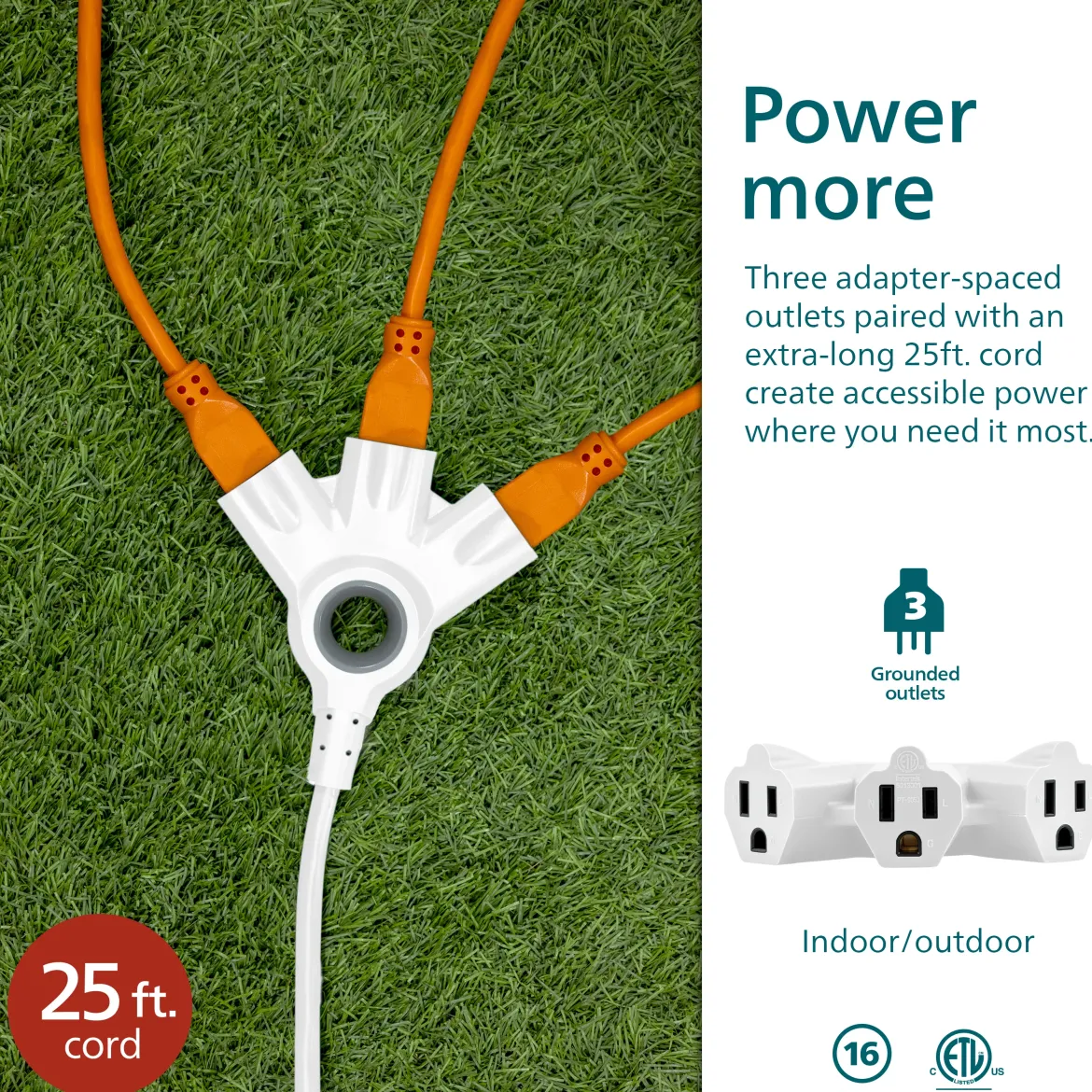 Philips 3-Outlet EZGrip Grounded Extension Cord, 25ft., Indoor/Outdoor, White