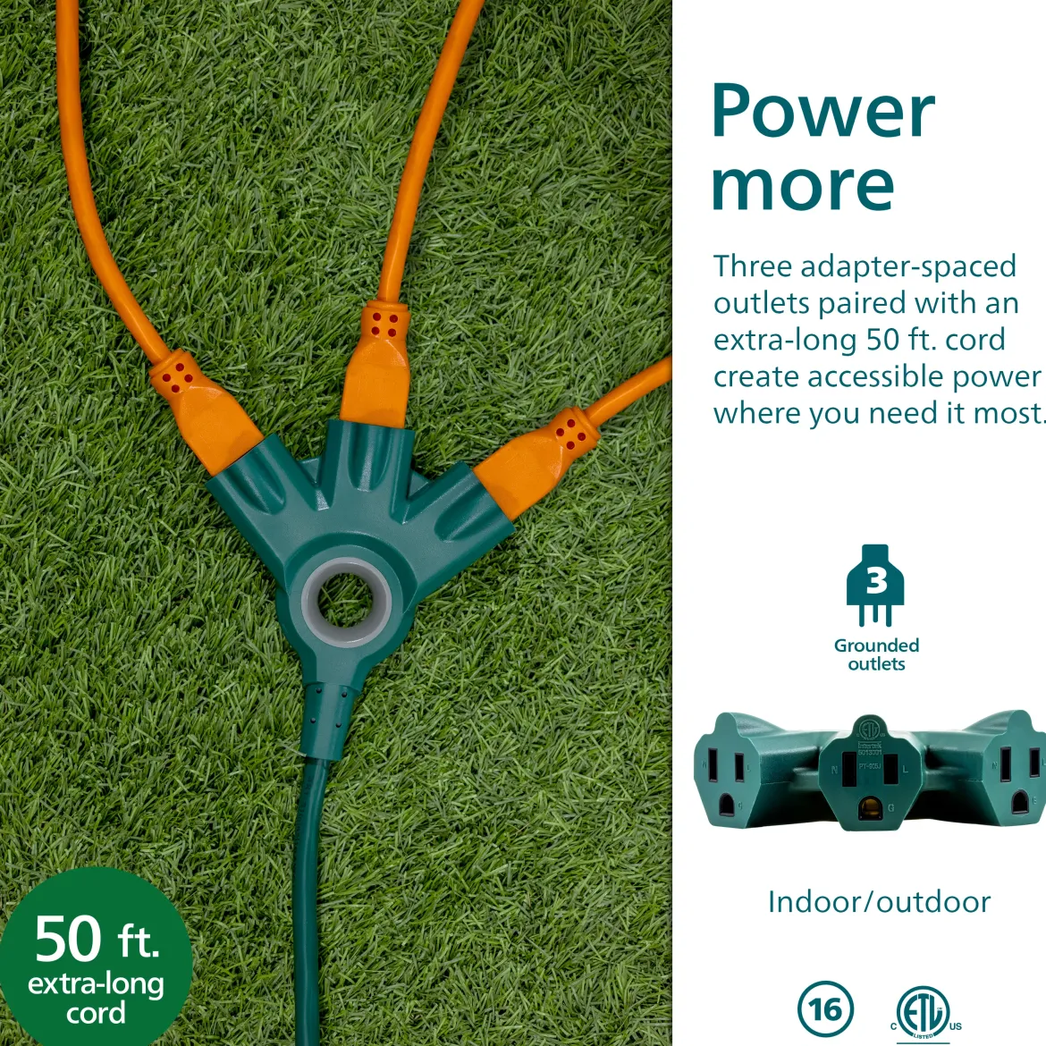 Philips 3-Outlet EZGrip Grounded Extension Cord, 50ft., Indoor/Outdoor, Green