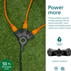 Philips 3-Outlet EZGrip Grounded Extension Cord, 50ft., Indoor/Outdoor, Black