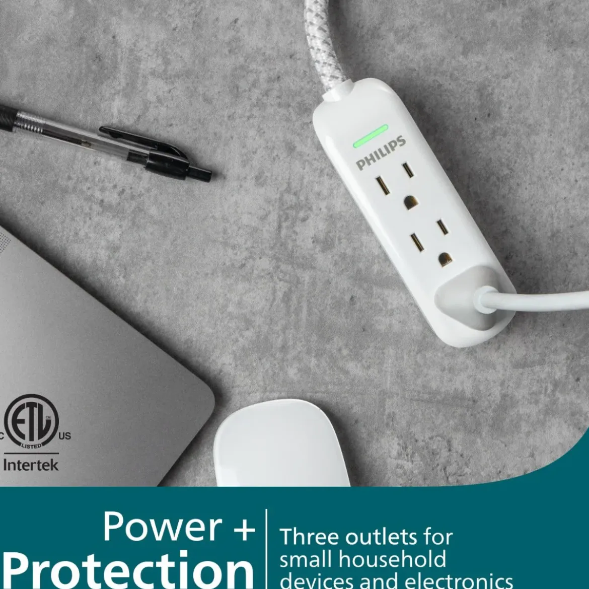 Philips 3-Outlet 8ft. Extension Cord with Surge Protection, White
