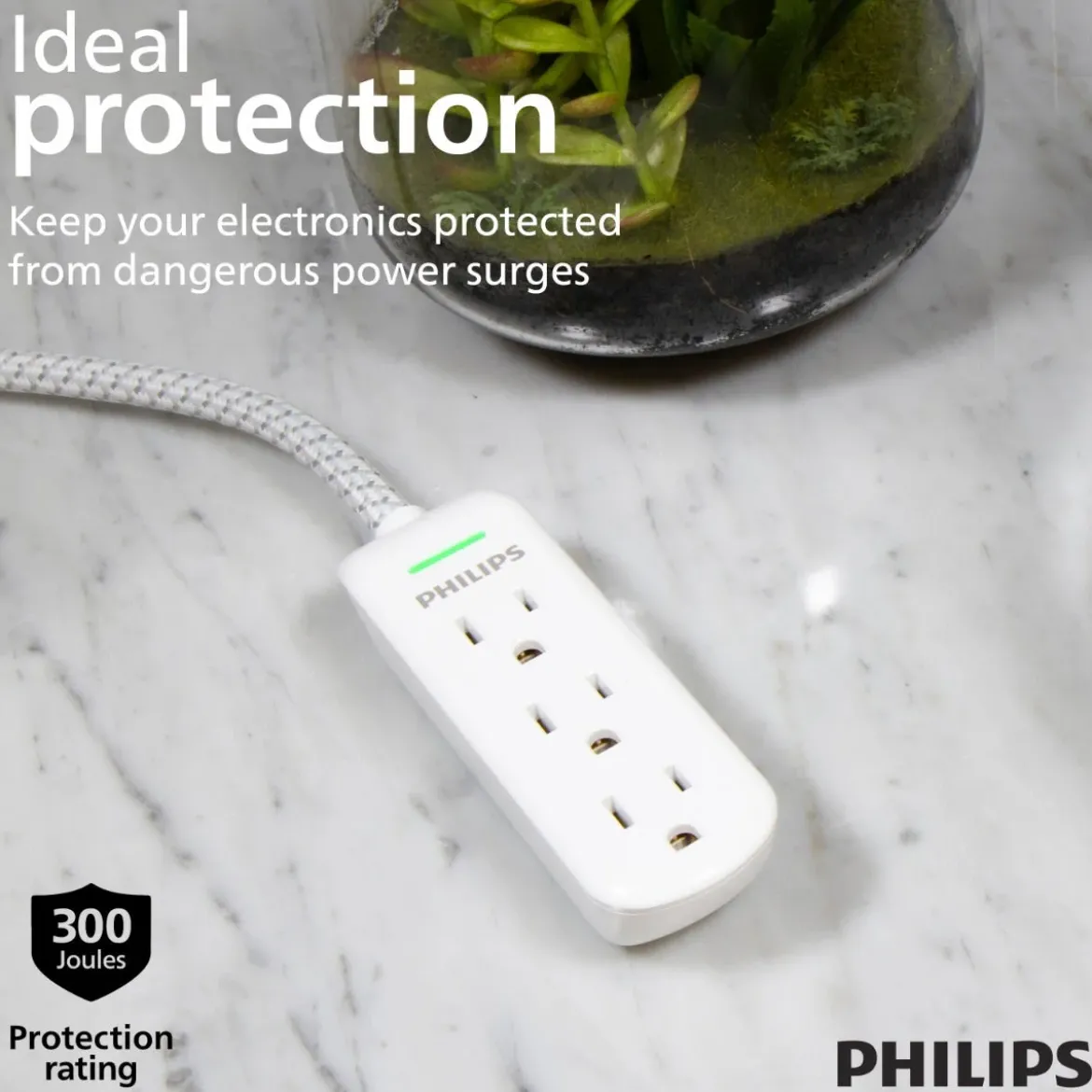 Philips 3-Outlet 8ft. Extension Cord with Surge Protection, White