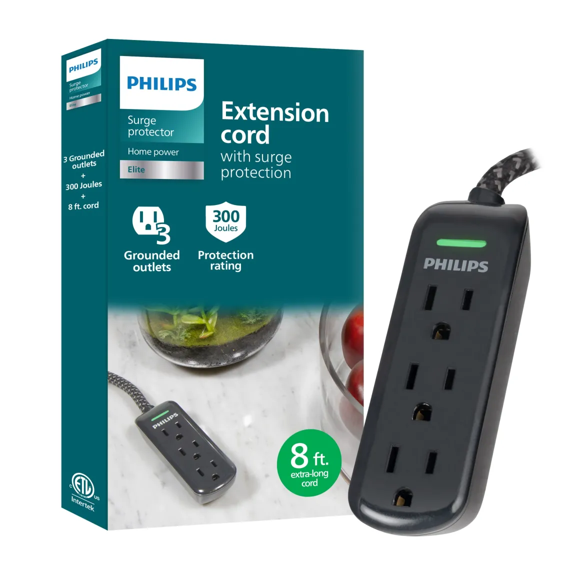 Philips 3-Outlet 8ft. Extension Cord With Surge Protection, Black
