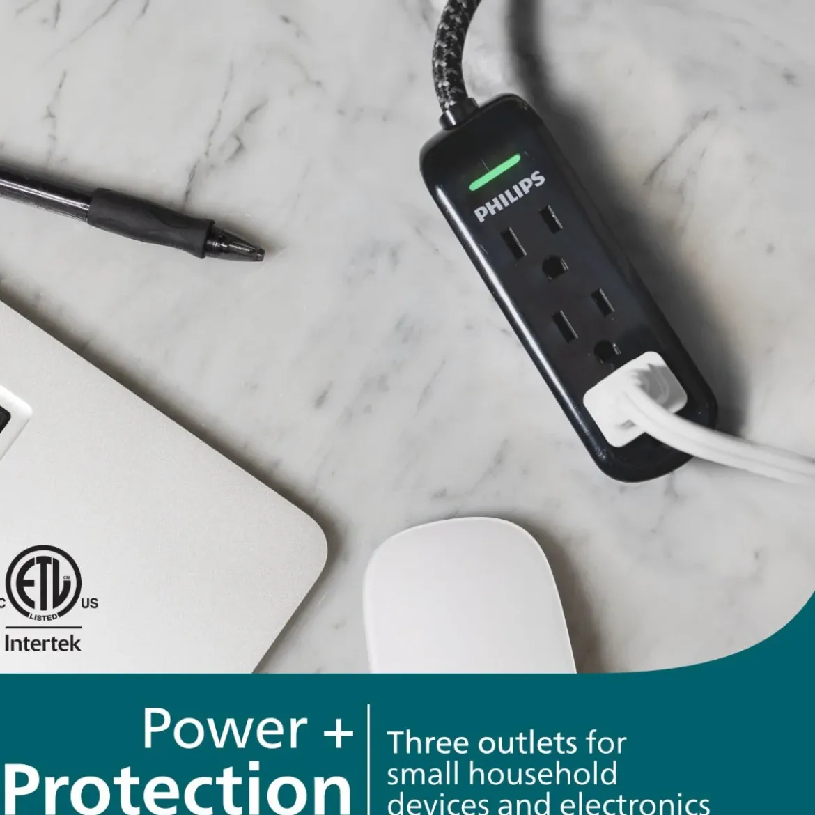 Philips 3-Outlet 8ft. Extension Cord With Surge Protection, Black