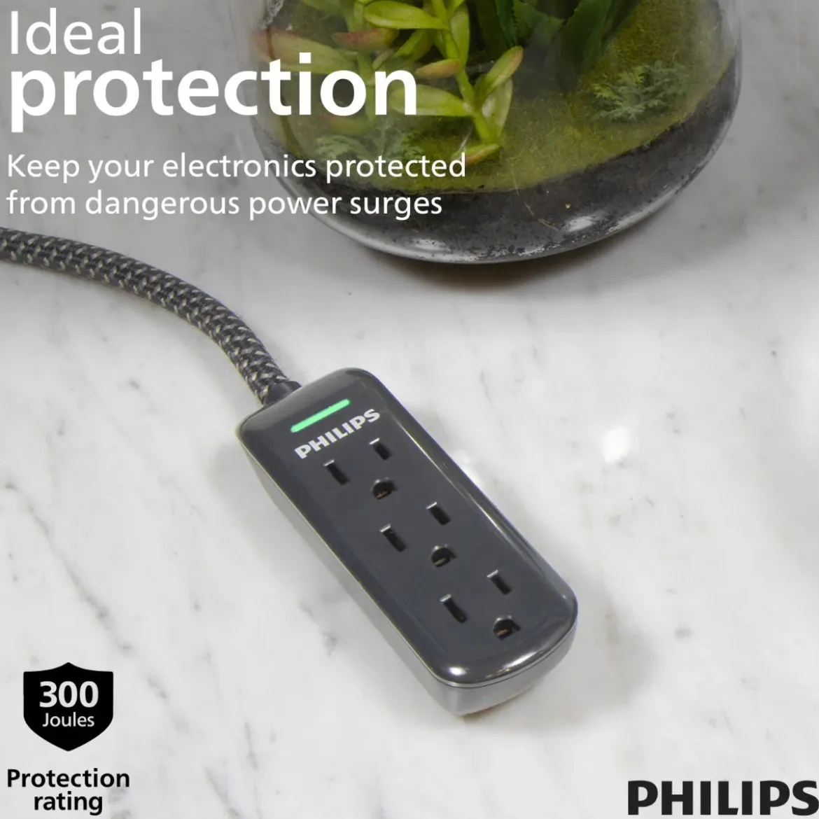 Philips 3-Outlet 8ft. Extension Cord With Surge Protection, Black