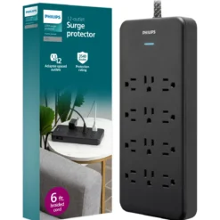 Philips 12-Outlet 6ft. Surge Protector with Adapter-Spaced Outlets, Black