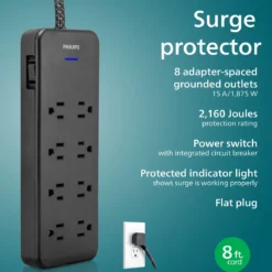 Philips 8-Outlet 8ft. Surge Protector with Adapter-Spaced Outlets, Black