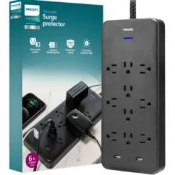 Philips 10-Outlet 6ft. 2 USB-A Surge Protector With Adapter-Spaced Outlets, Black
