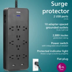 Philips 10-Outlet 6ft. 2 USB-A Surge Protector With Adapter-Spaced Outlets, Black